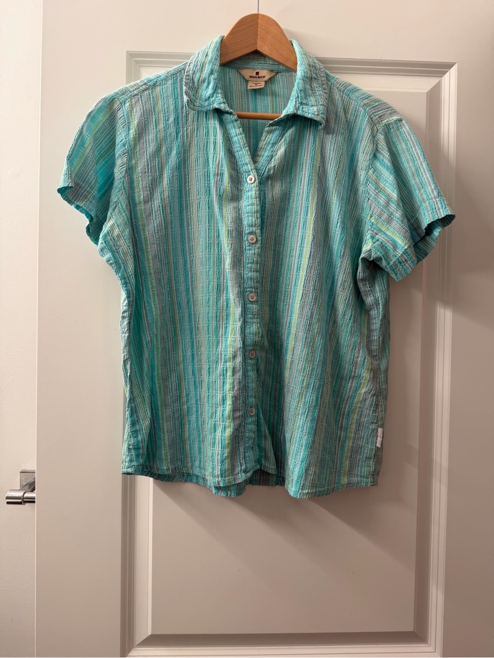 Woolrich Turquoise Striped Short-Sleeve Button-Up Shirt